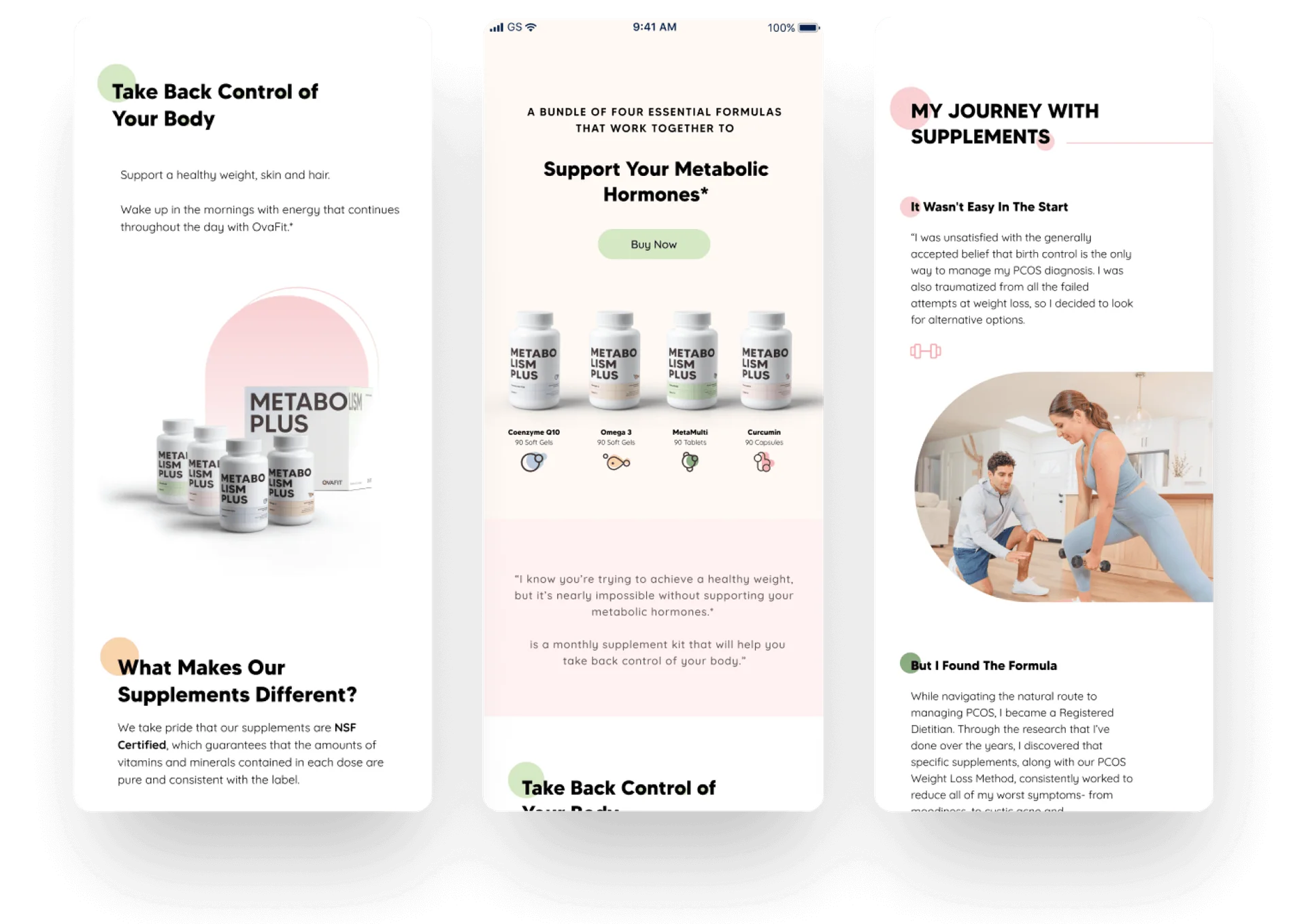 Ovafit’s mobile storefront, supplement products, and shopping experience