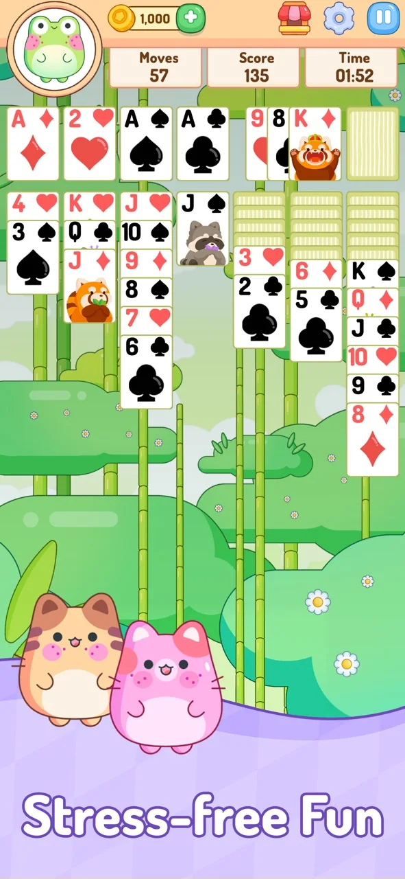 Cozy Calm Solitaire card game with a bamboo background and animal companions
