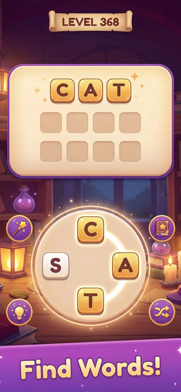 Magic Words letter wheel and word puzzle in a magical library