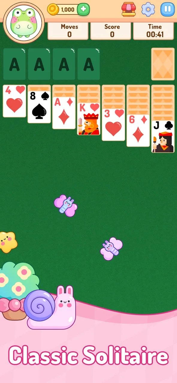 Cozy Calm Solitaire showing a colorful Klondike card game