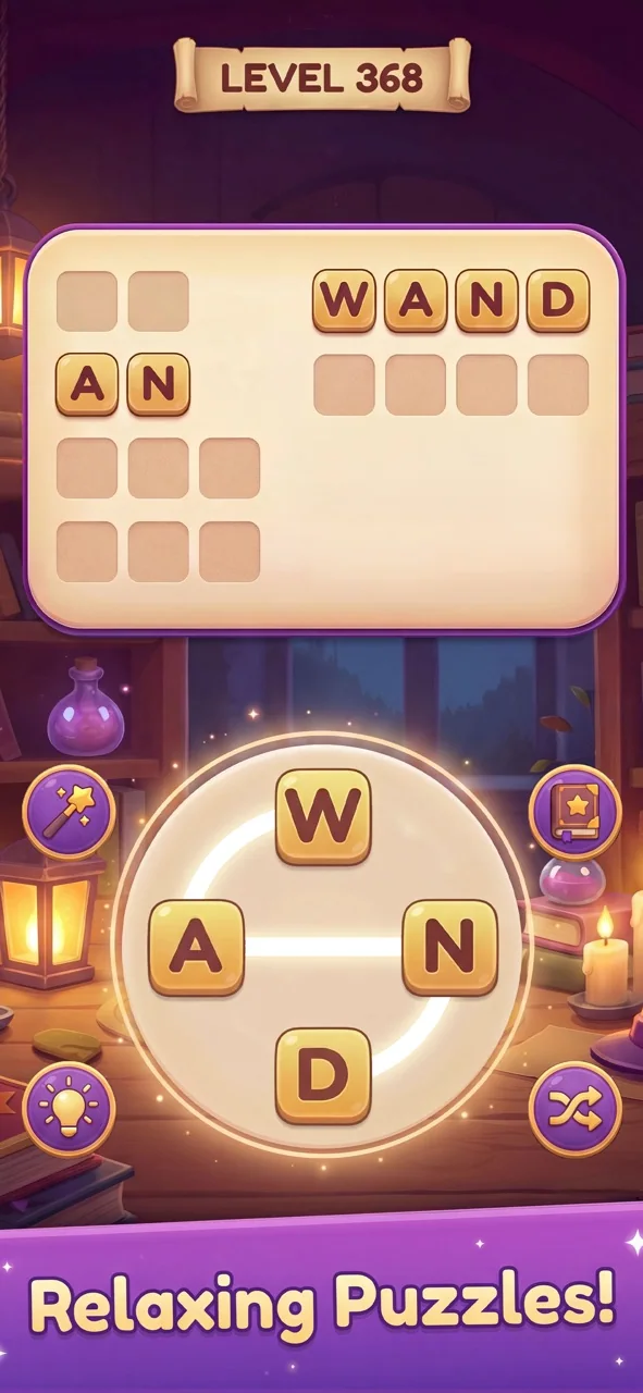 Magic Words crossword with connected letters and completed words
