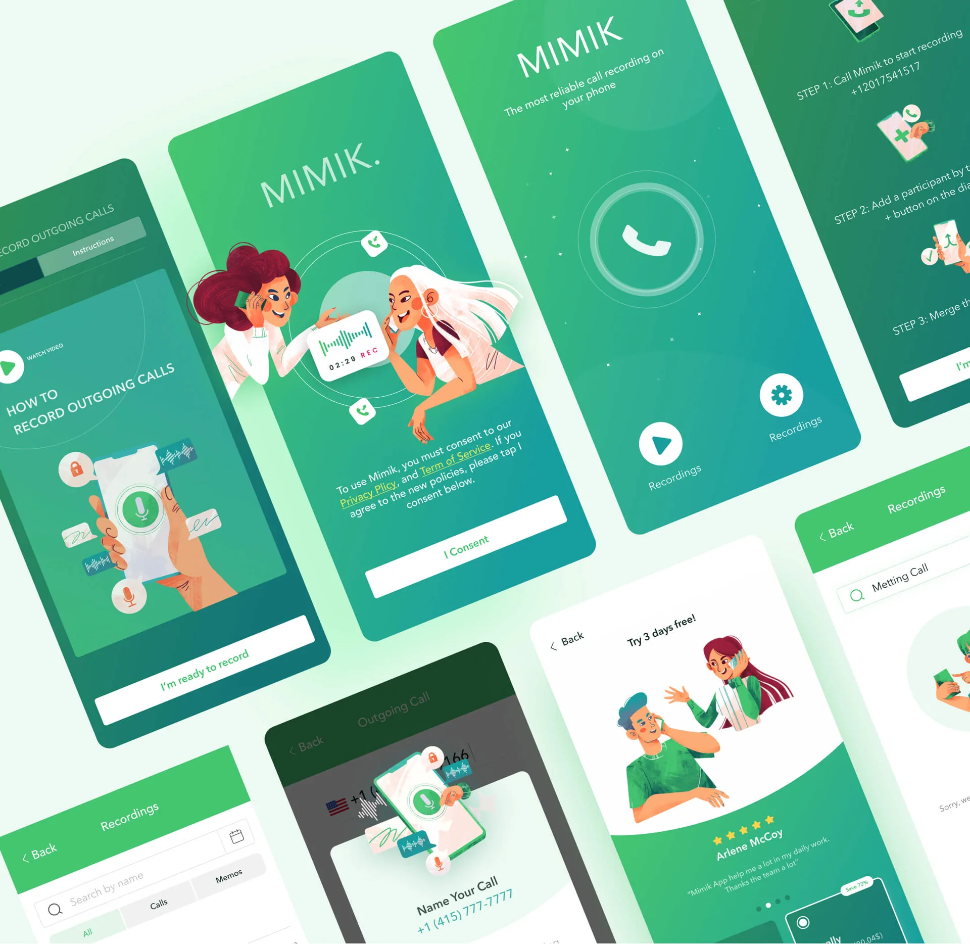 MIMIK’s mobile onboarding and call-recording screens