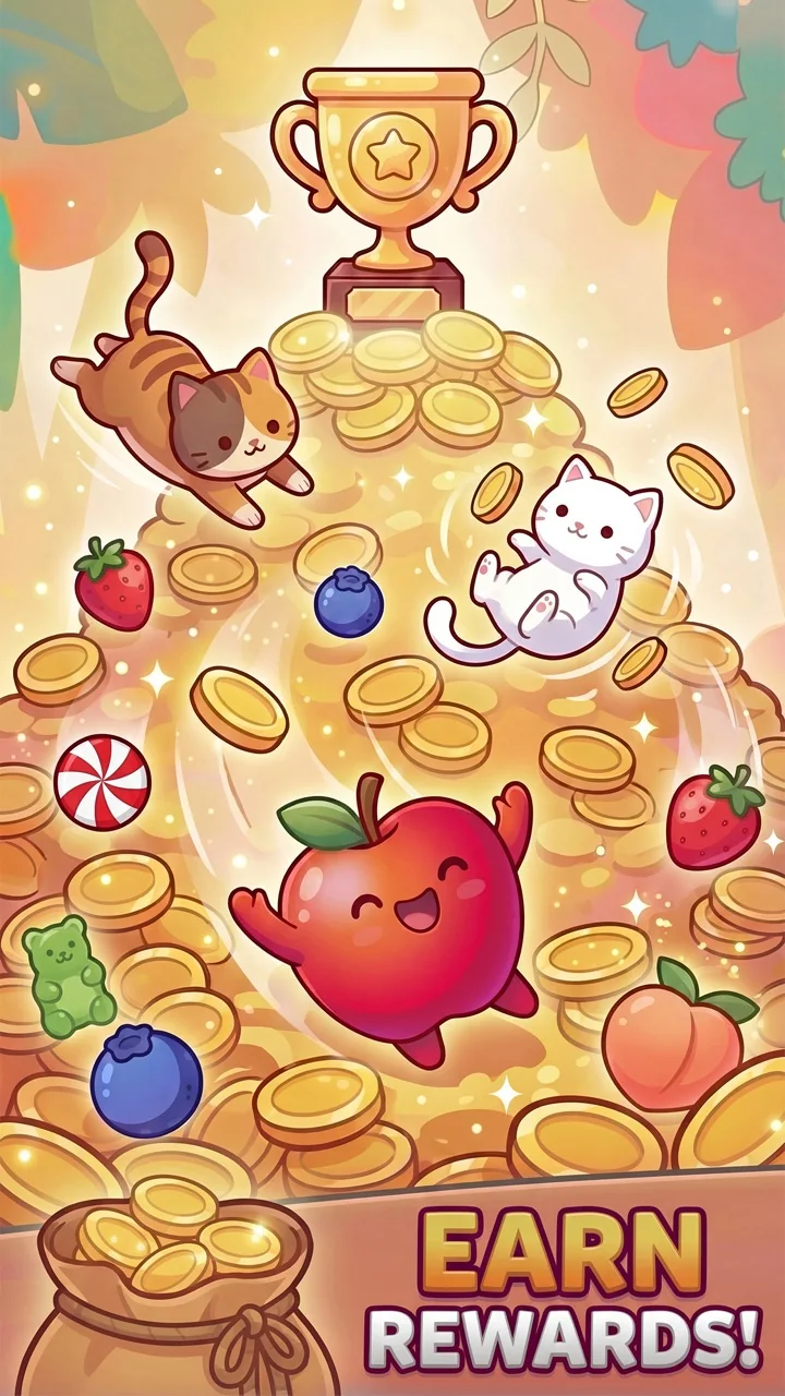 Cozy Sort reward screen with coins, fruit, and a trophy